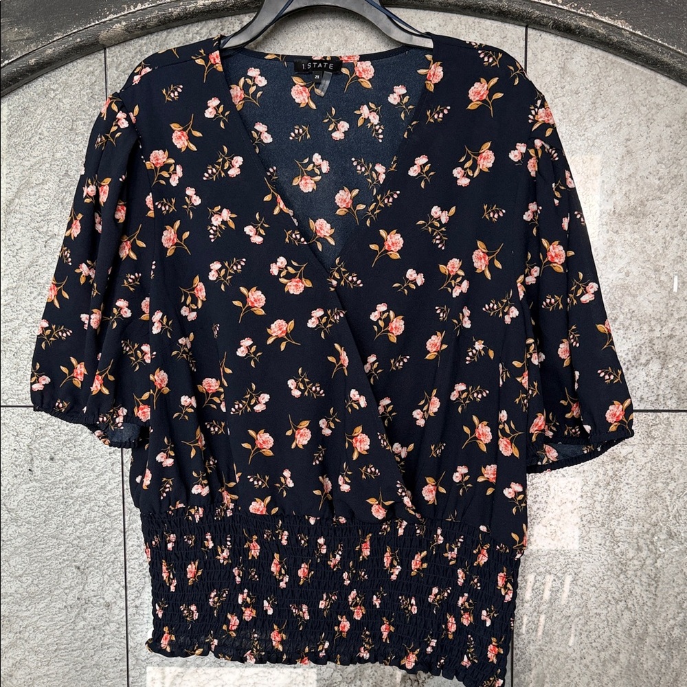 1. State Navy Floral Blouse with Pink Highlights